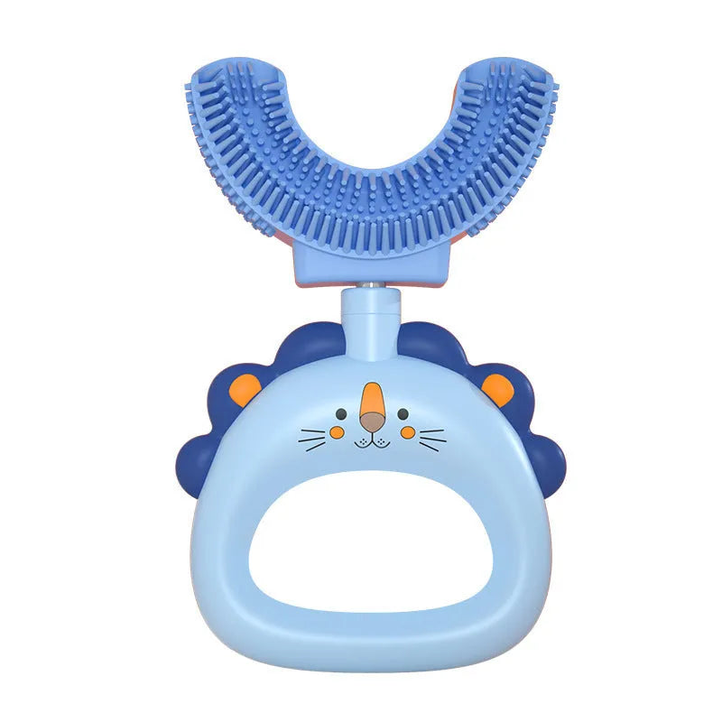 Children's U-shaped silicone toothbrush in blue or pink, little cute lion design, for ages 2-6 and 7-14, food grade silicone