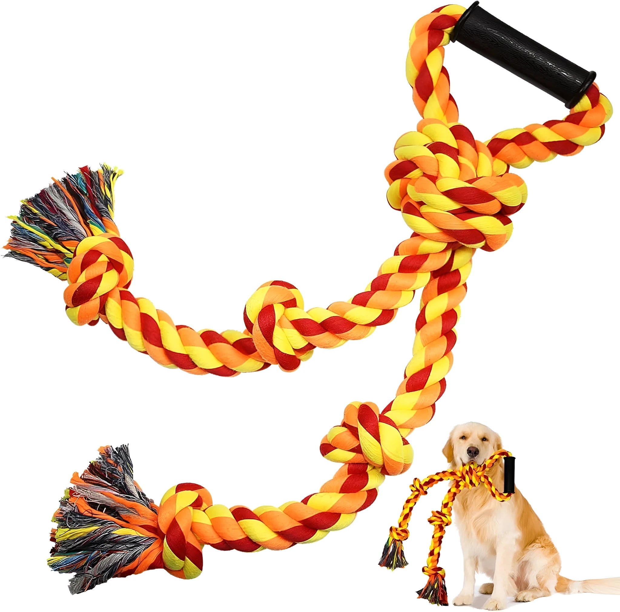 Blue and yellow cotton rope dog tug toy for large breed aggressive chewers with ergonomic handle