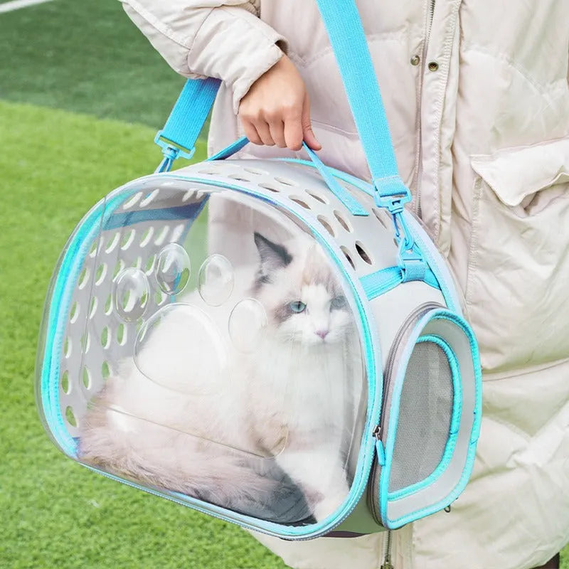 Large transparent EVA hard-shell cat backpack in grass green, showing space capsule design for pets up to 9kg.