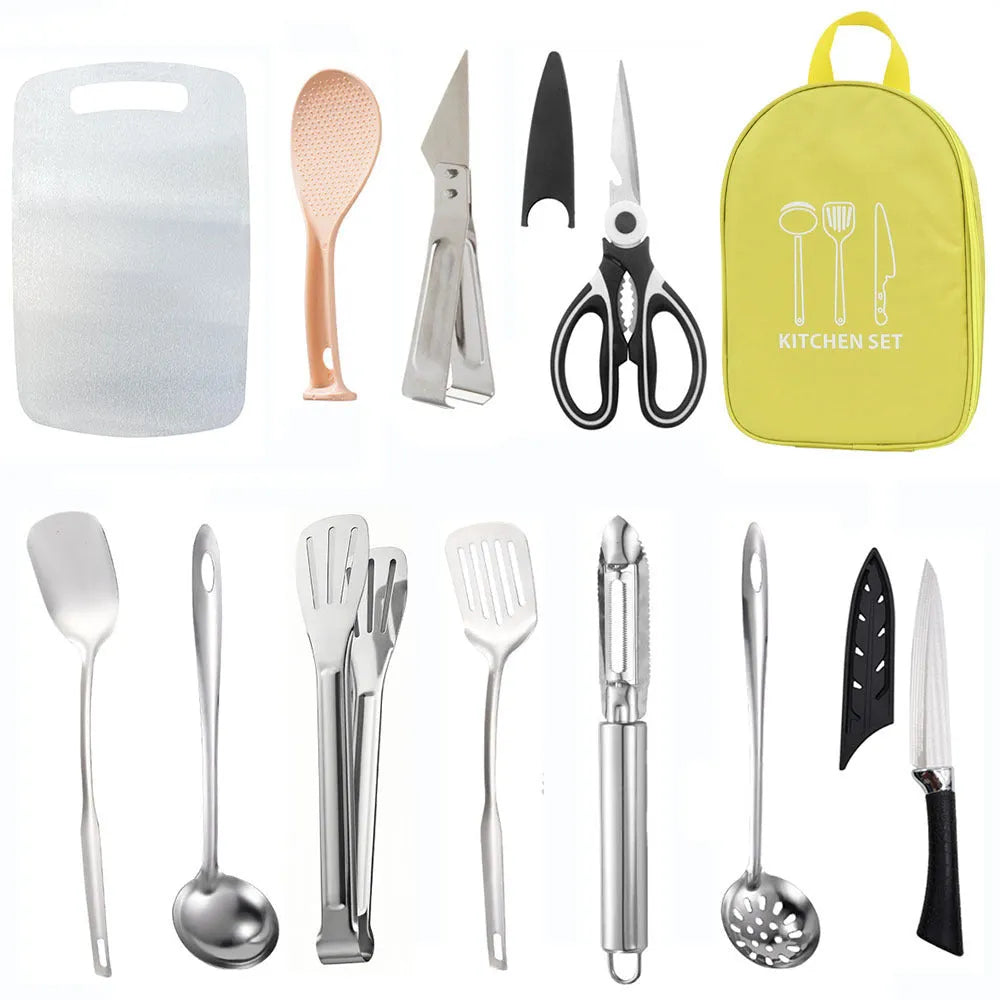 12-piece stainless steel camping kitchenware set in portable storage bag for outdoor cooking