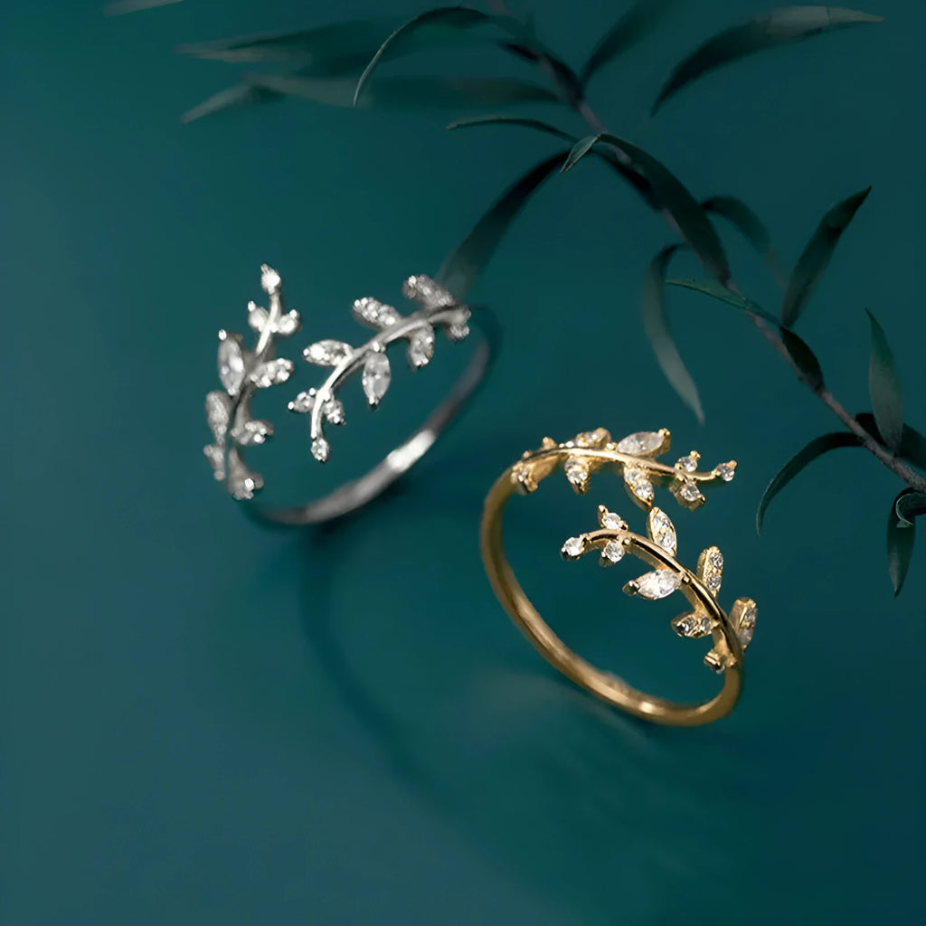 Women's leaf branch ring with geometric design in electroplated copper gold or silver finish