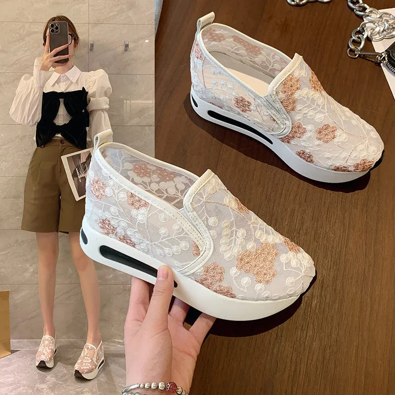Women's mesh lace high heel sneakers in solid colour with flower pattern, rubber sole, sizes 35-42