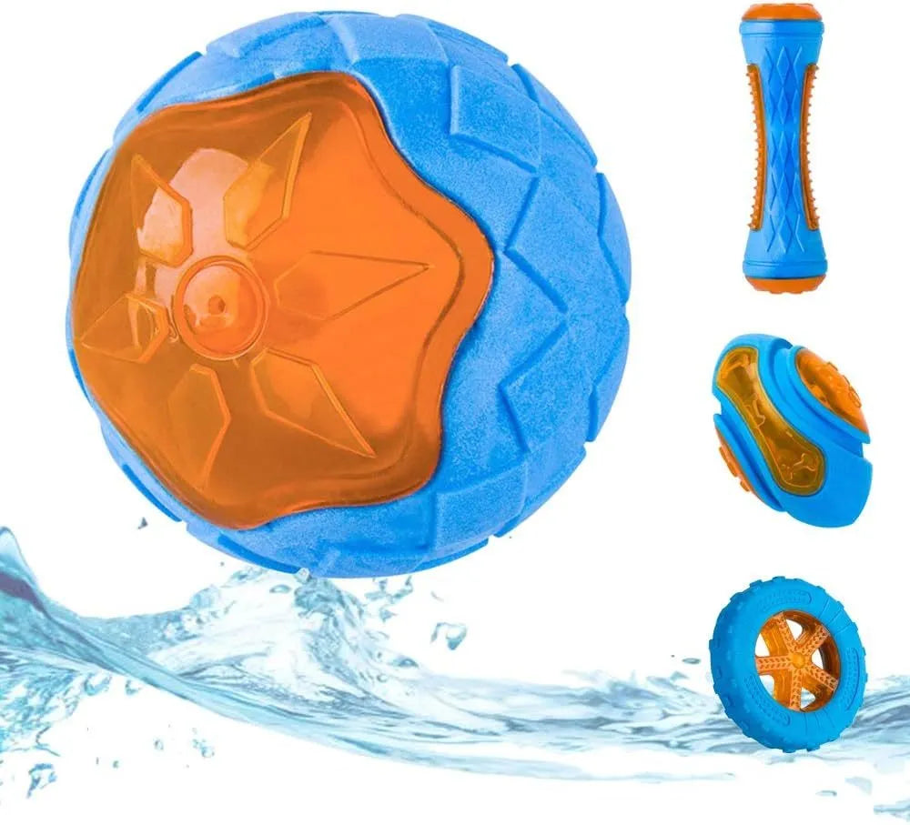 Three TPR dog toys - ball, barbell, and tires - with textured surfaces for teeth cleaning and floating capability