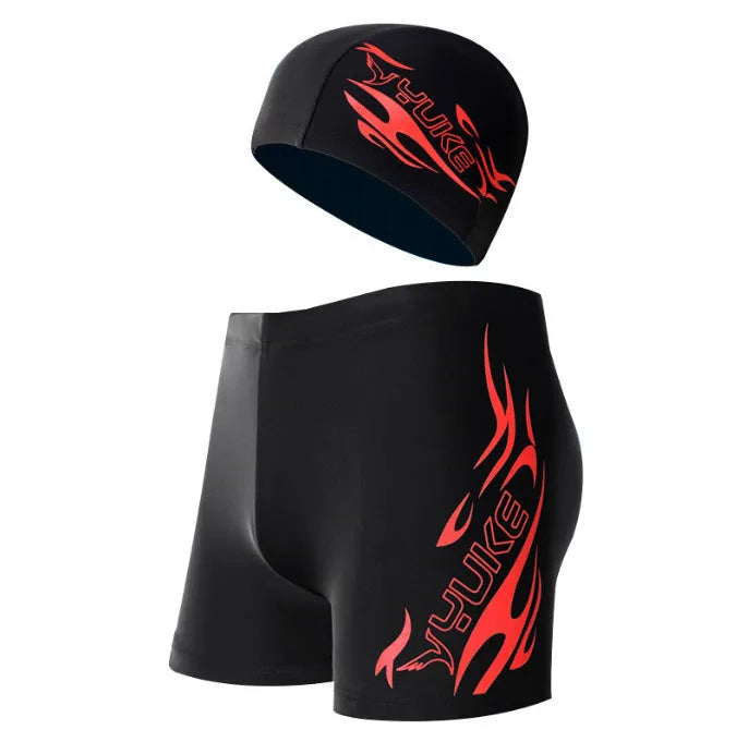 Men's plus size fire pattern swimming trunks in polyester available L to 5XL