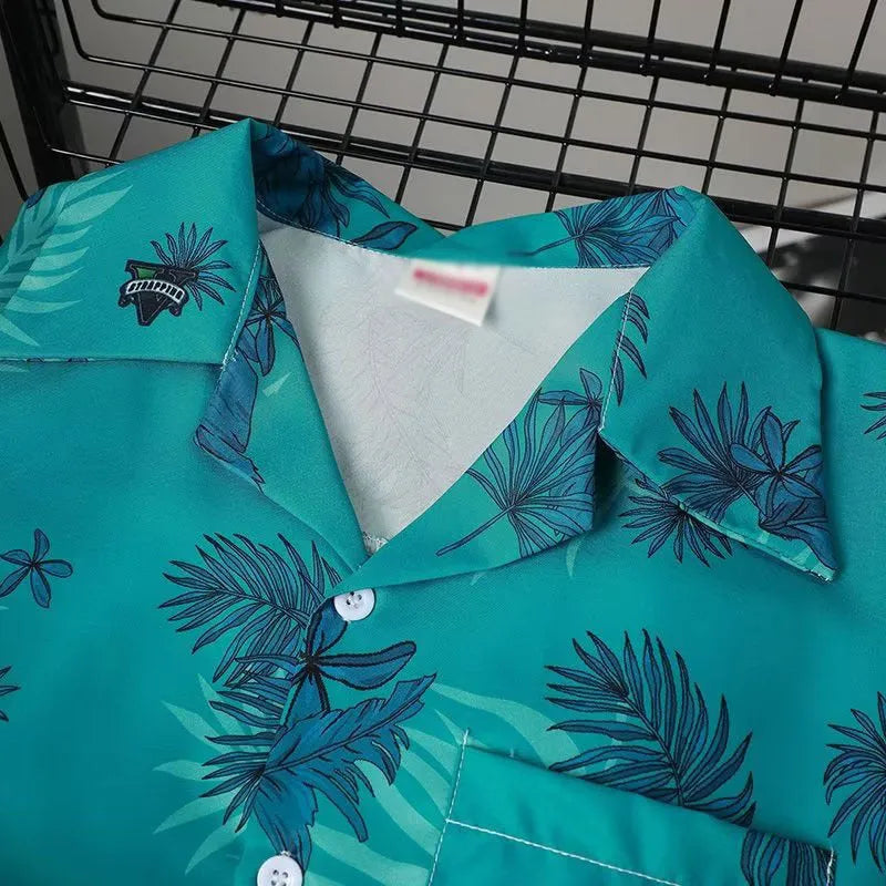 Green summer thin printed shirt for men, loose cardigan style, short sleeves, polyester blend