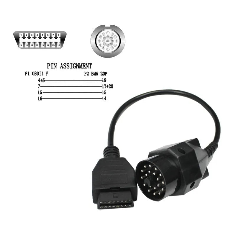 BMW OBD2 adapter cable with 20-pin and 16-pin connectors for vehicle diagnostics.