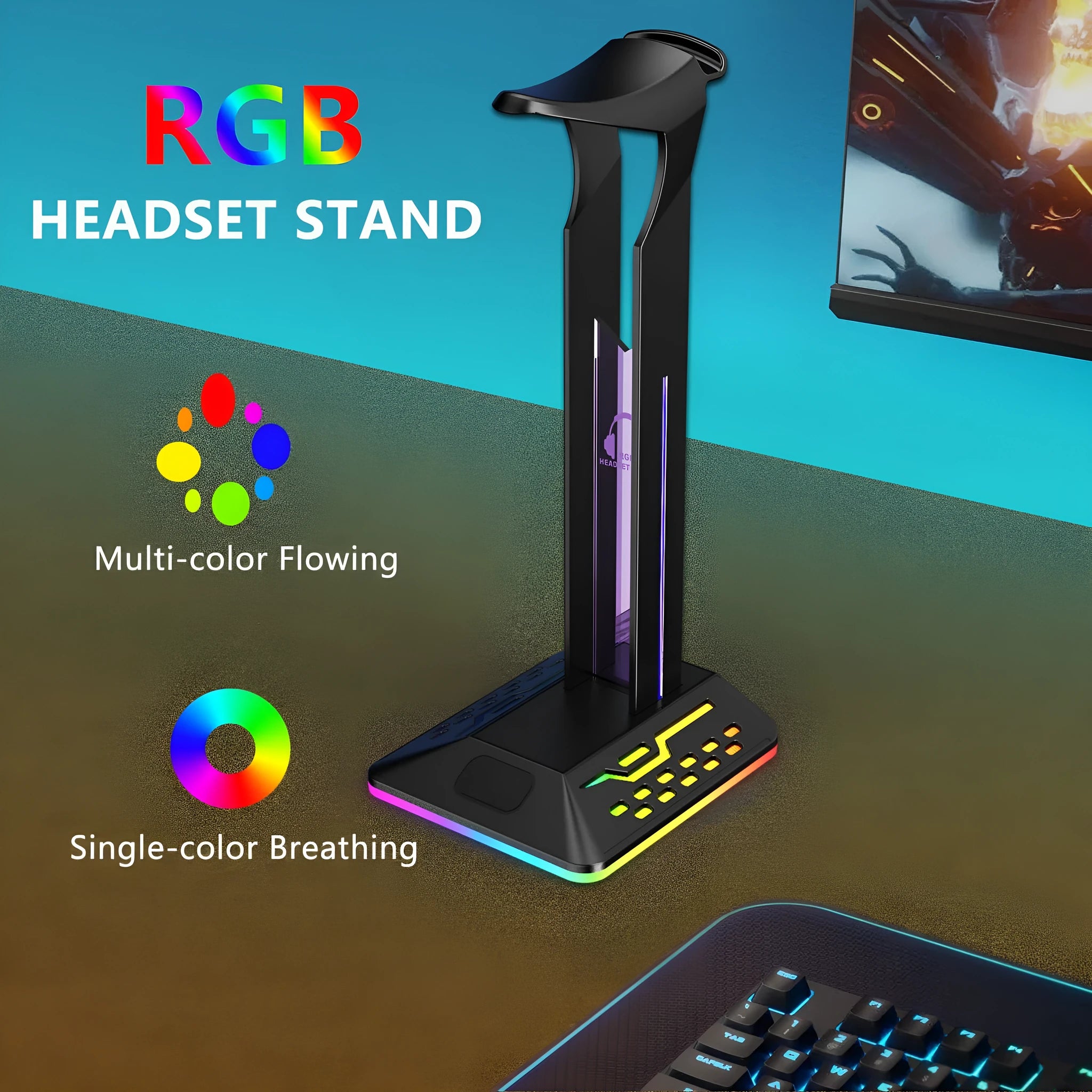 RGB headphone stand with glowing colour-changing lights and two USB ports, holding a gaming headset.