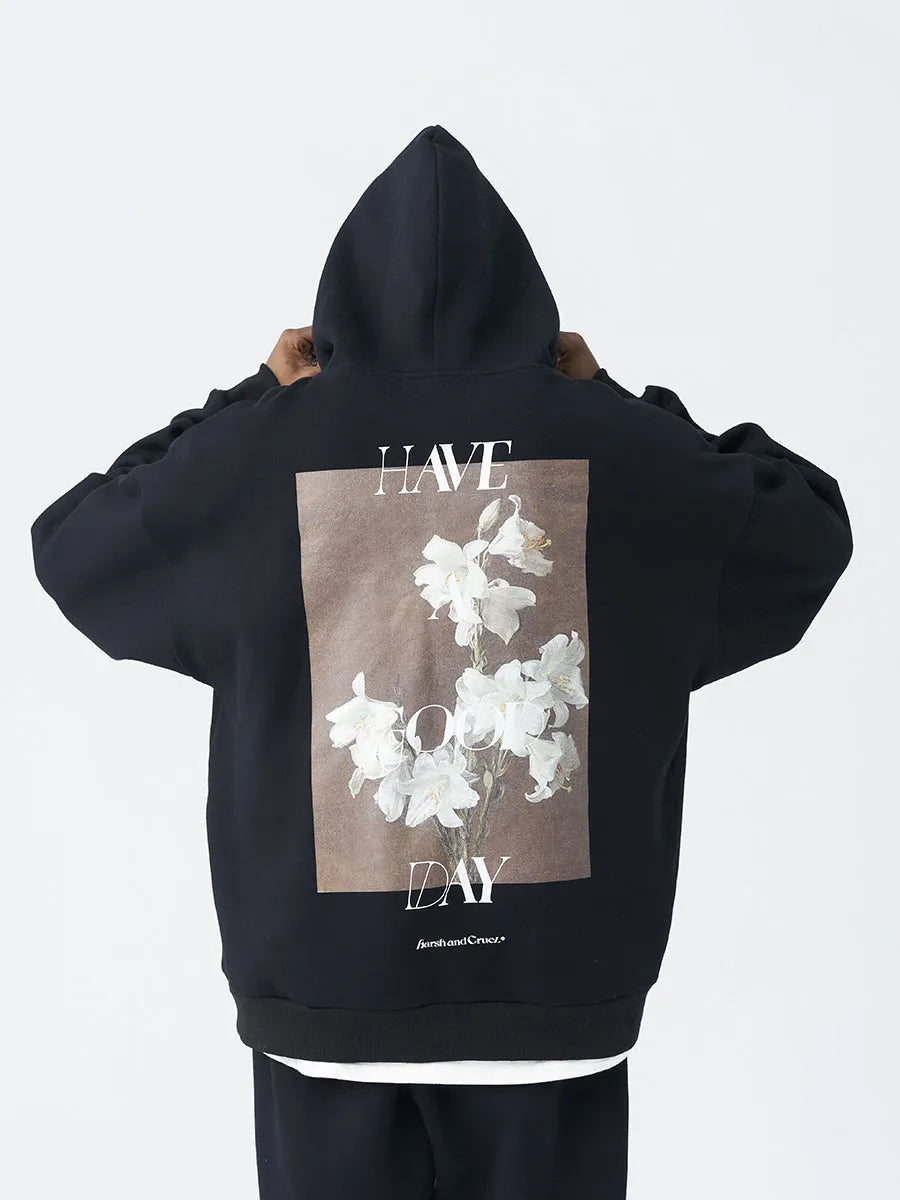 Men's hooded sweater with retro oil painting flower print in black floral grey, front view