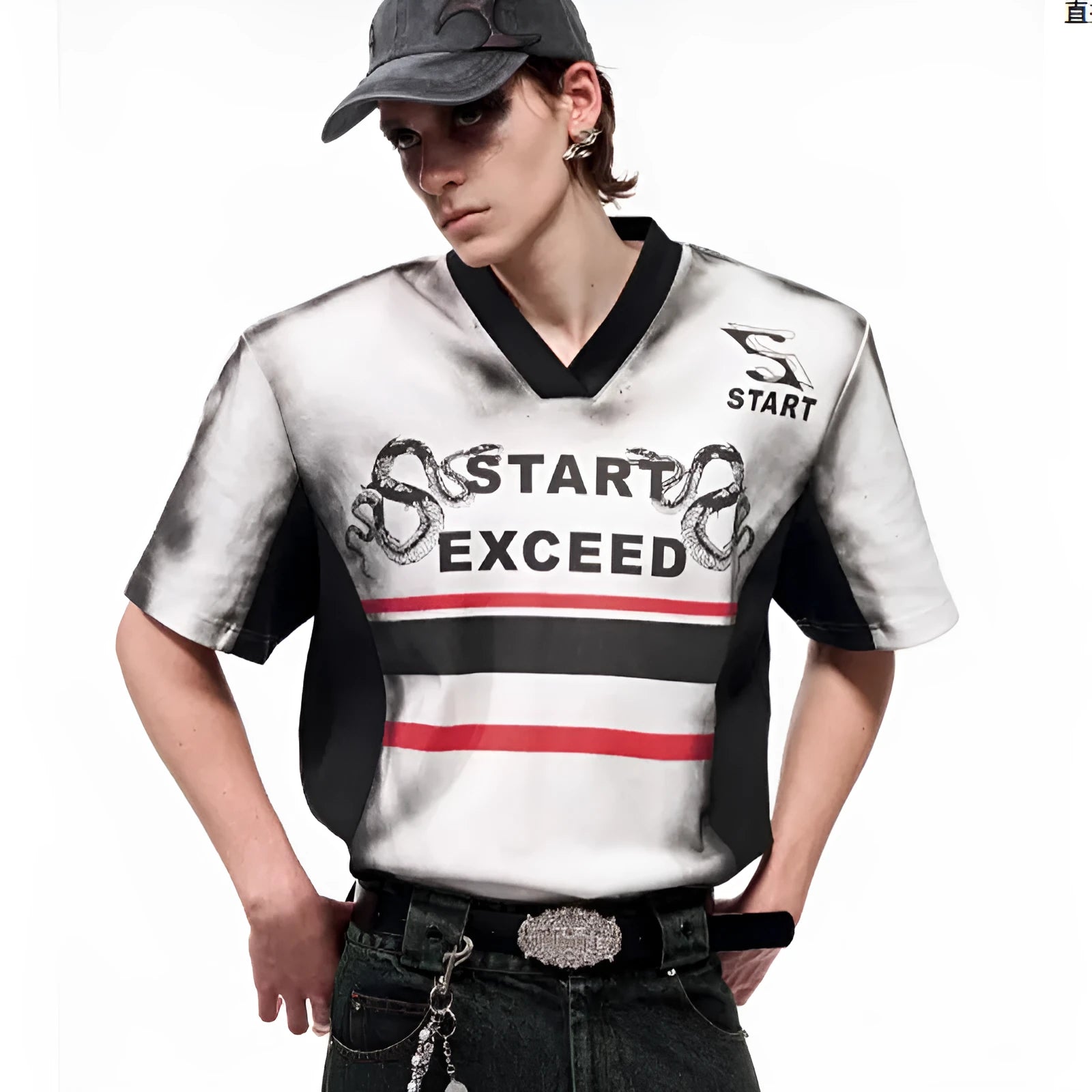 V-neck short sleeve top with padded shoulders and snake letter pattern print in Korean style