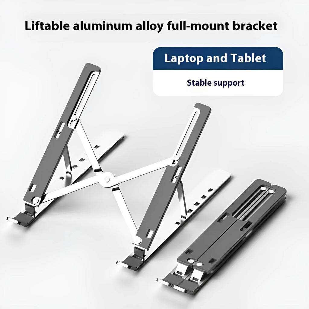 Silver aluminum folding laptop stand open on a desk with a laptop.