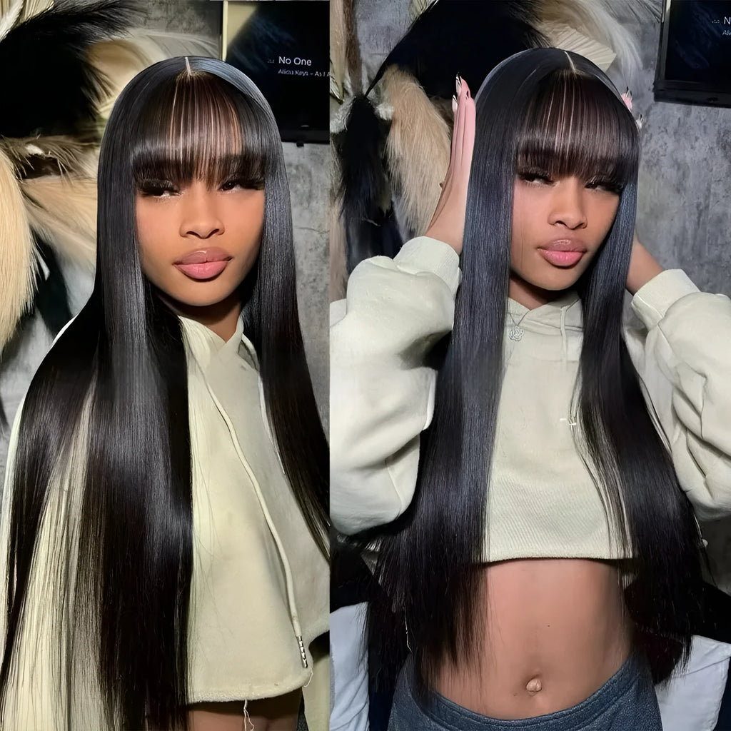 Women's natural colour human hair full-mechanism wig on a model, showing long length and full volume.