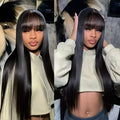 Women's natural colour human hair full-mechanism wig on a model, showing long length and full volume.