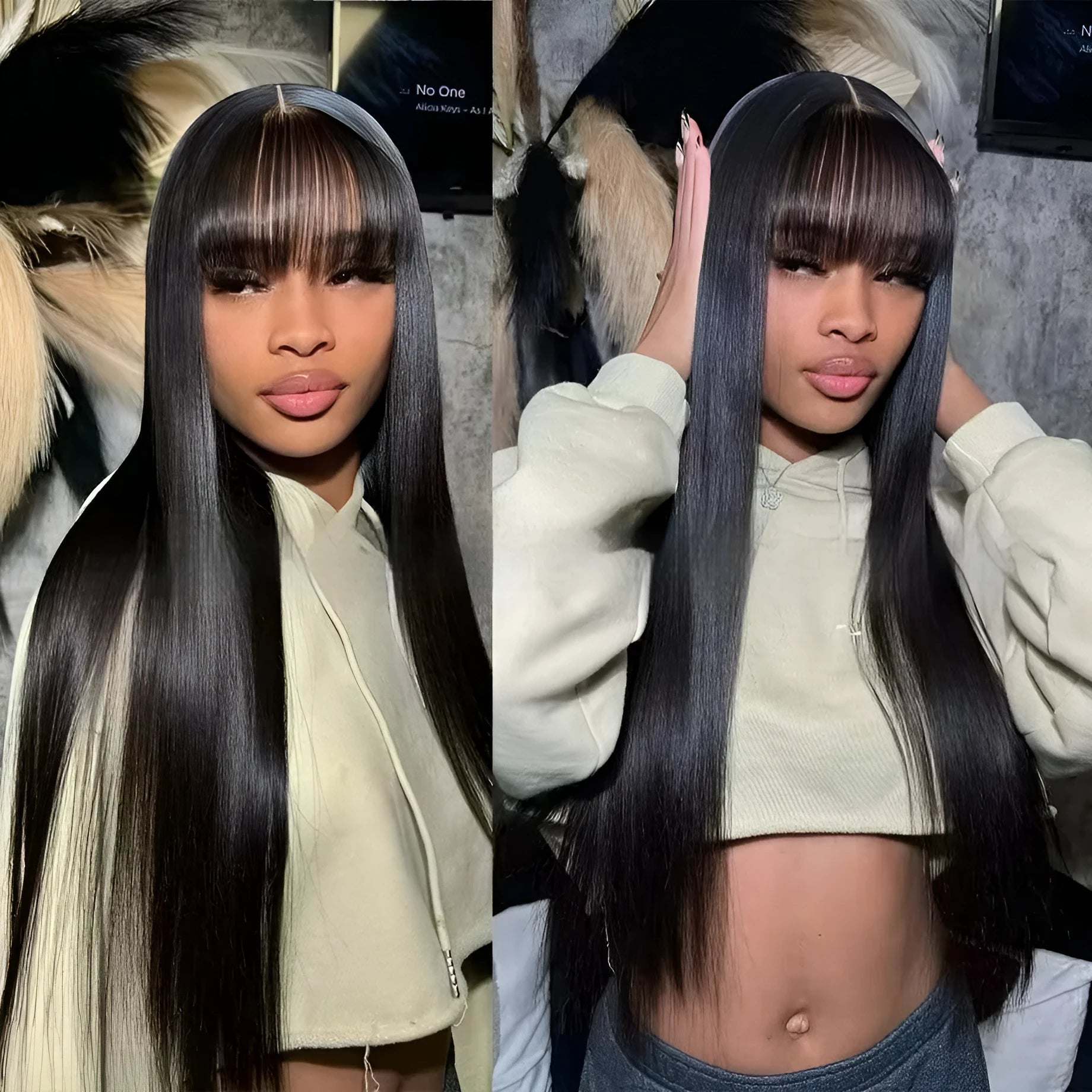 Women's natural colour human hair full-mechanism wig on a model, showing long length and full volume.