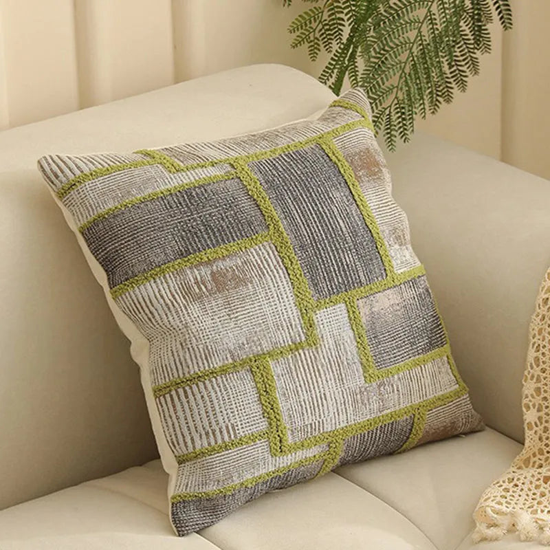 Yarn-dyed jacquard floral pattern cushion cover in 45x45cm size on a grey sofa.