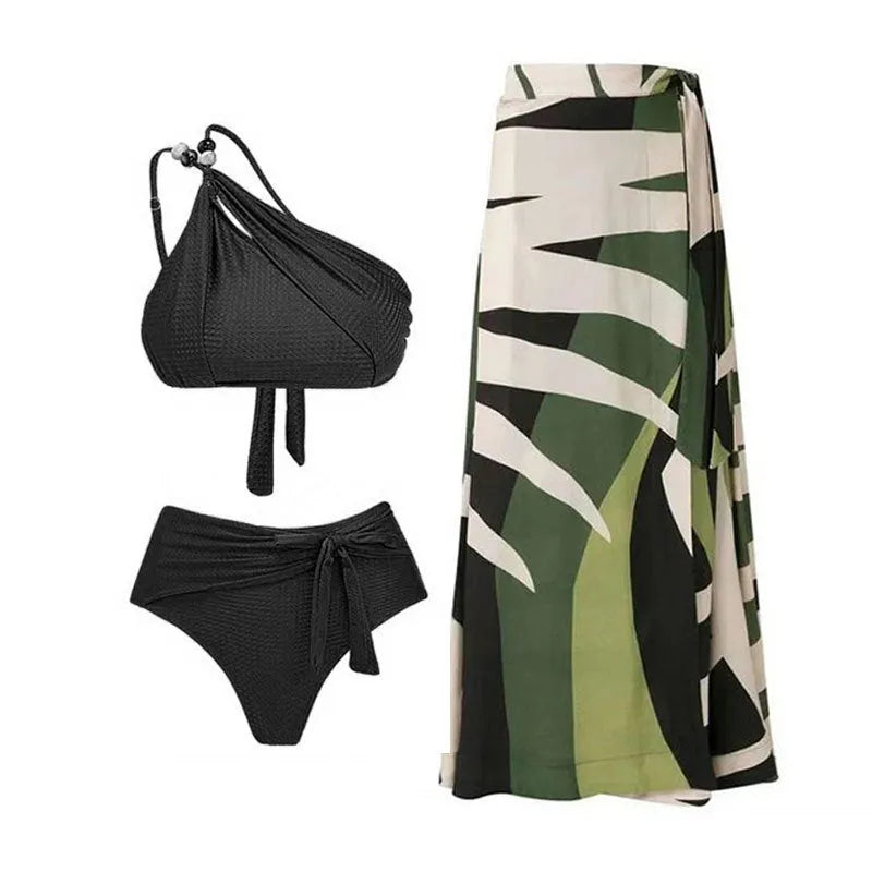 Women's high waist push up bikini swimsuit with chiffon dress in black, brown or green colour options