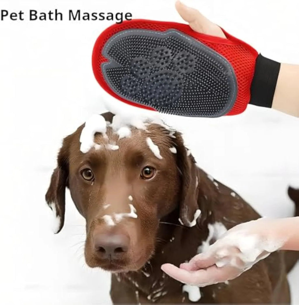 Red pet grooming glove with silicone bristles for washing and hair removal