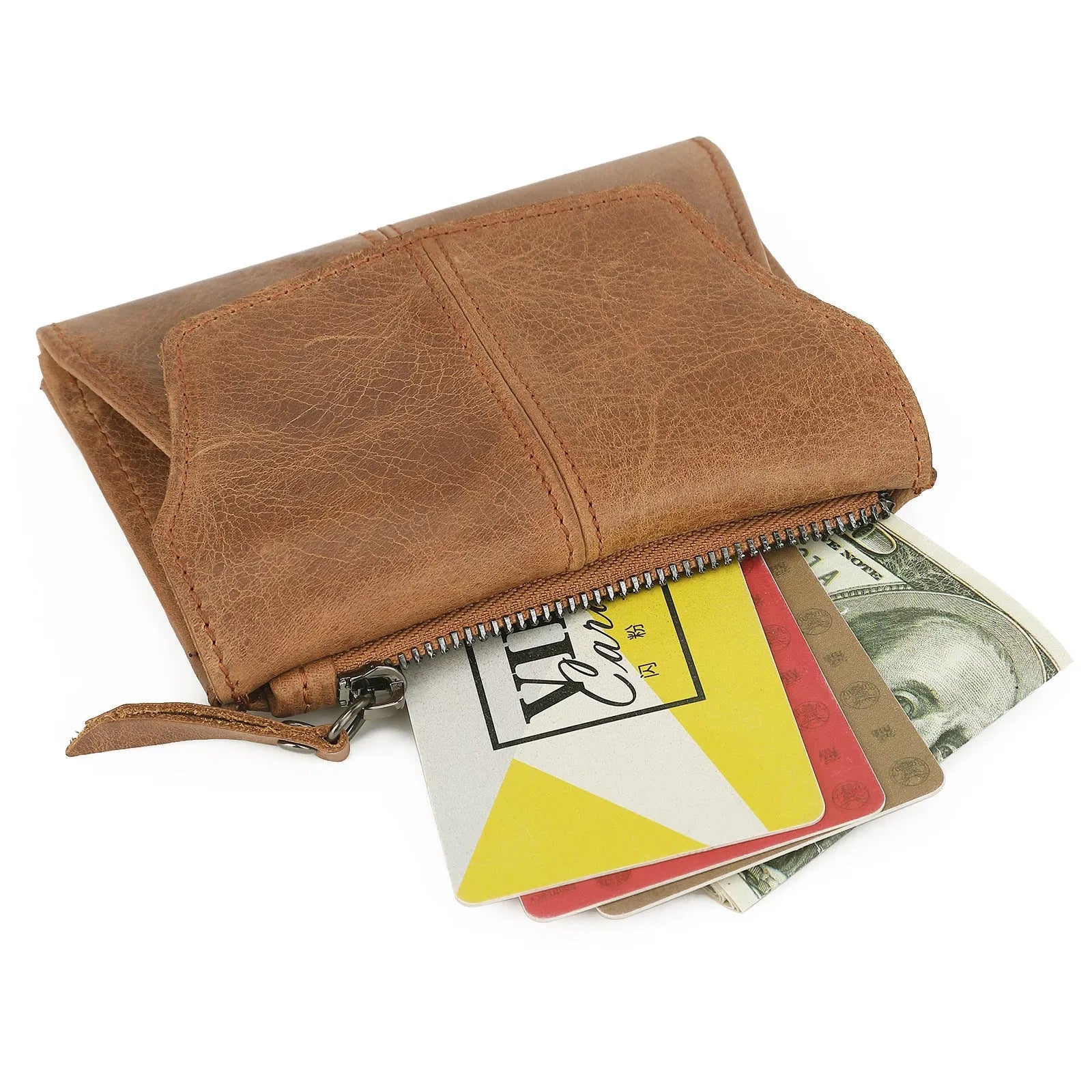 Cowhide genuine leather multifunctional coin purse wallet in retro style with stitching details.