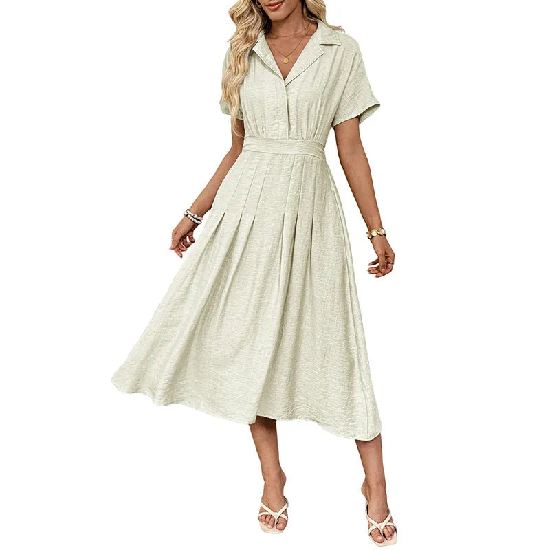 Light green women's shirt dress with lapel collar, waist tie belt, and side seam pockets.