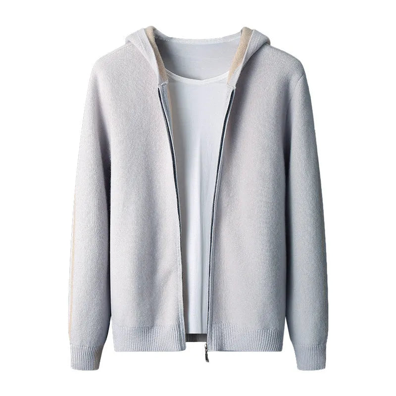 Man wearing a dark blue cashmere half-high collar zipper cardigan sweater