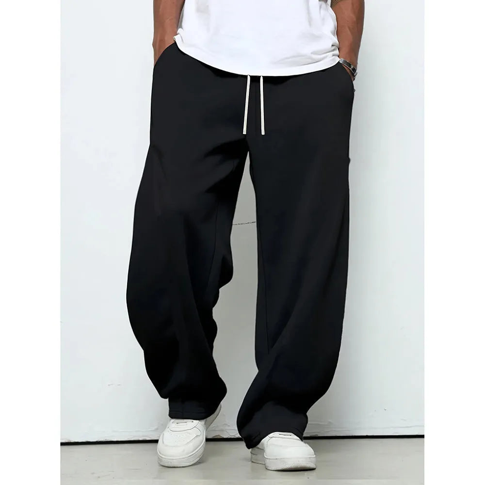 Men's straight-leg casual trousers in polyester with micro-elastic fabric and drawstring waist closure