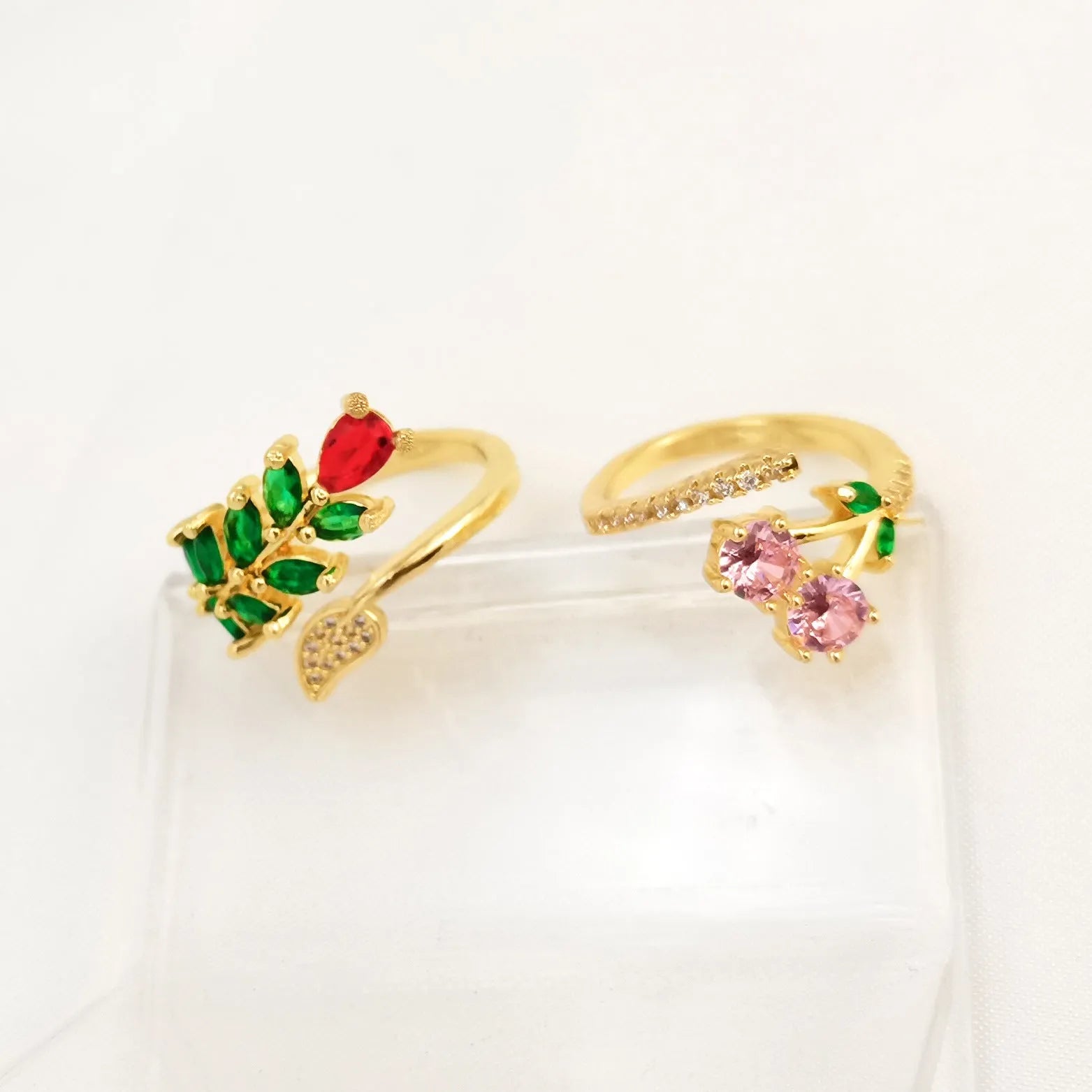 Copper open mouth ring with geometric leaf pattern and zircon detailing in national style design