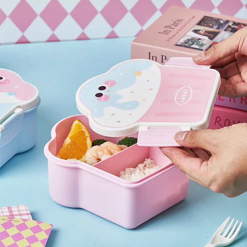 Pink and blue creative ice cream shaped plastic lunch box with bento compartment, spoon, and fork.