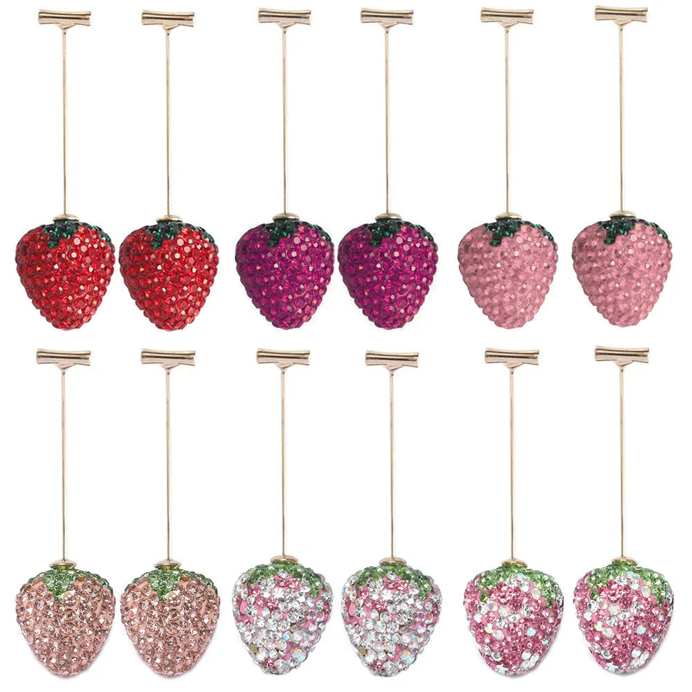 Zinc alloy strawberry-shaped drop earrings with spot drill detail in red, pink, purple, and champagne colours.
