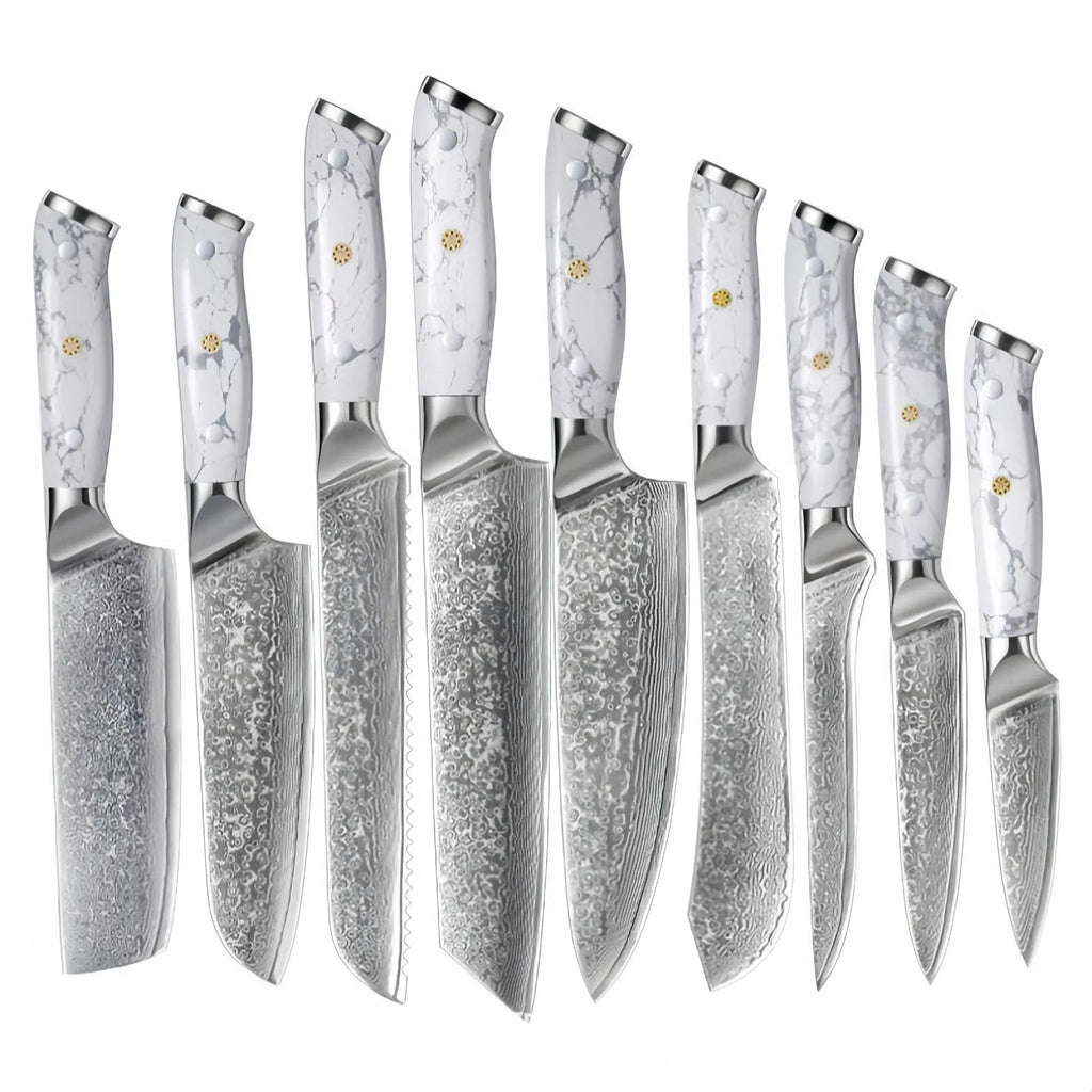 VG10 Damascus steel chef's knife with 21cm blade on a kitchen counter.