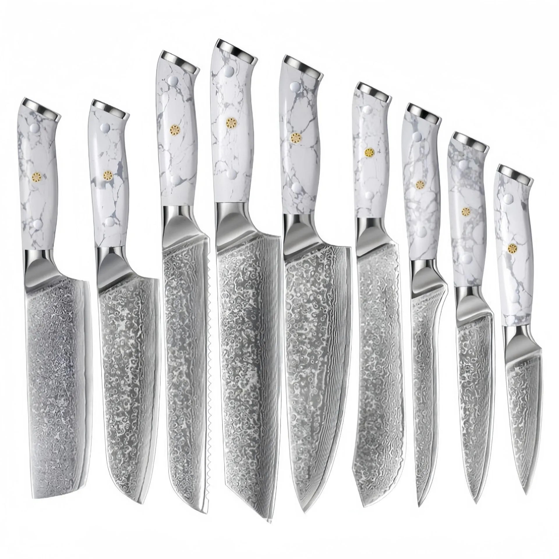 VG10 Damascus steel chef's knife with 21cm blade on a kitchen counter.