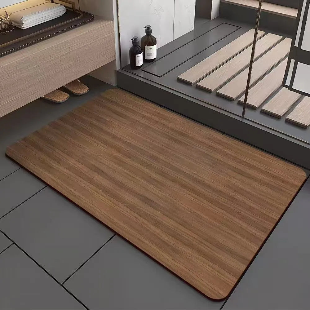 Square diatomite bath mat with a geometric wood grain pattern in a bathroom setting.