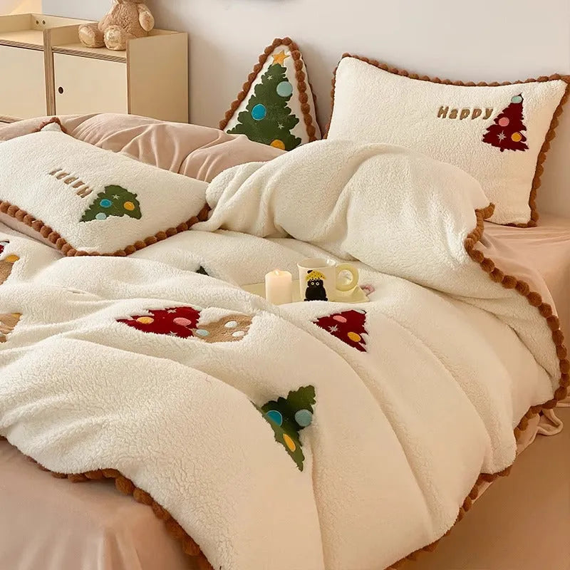 Bright yellow Christmas tree bedding set with embroidery design and fleece lining