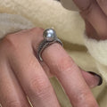 Geometric open ring with black pearl on adjustable copper band for women