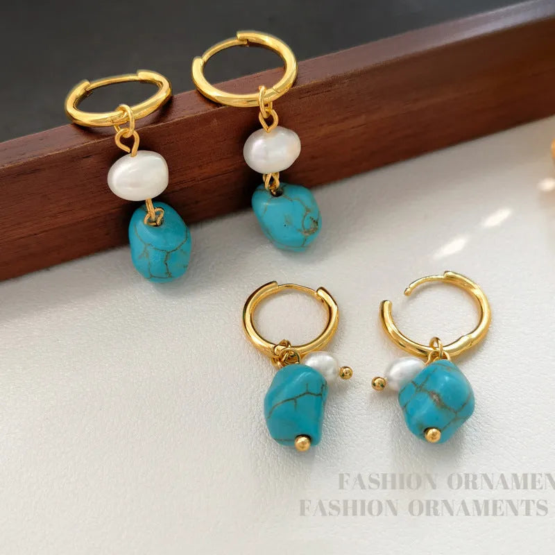Irregular geometric turquoise and cultured pearl earrings with ear clip backings