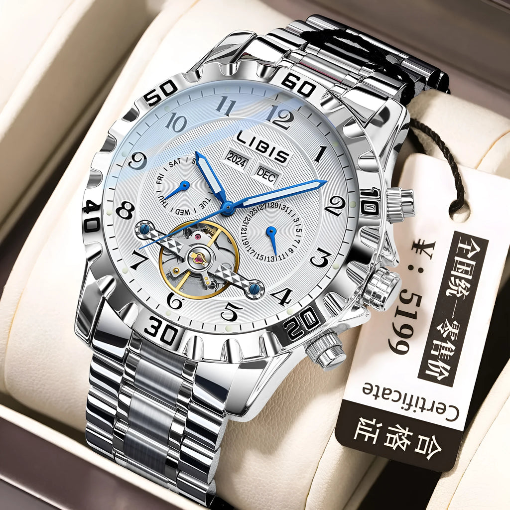 Men's silver steel automatic perpetual calendar mechanical watch with sapphire crystal glass