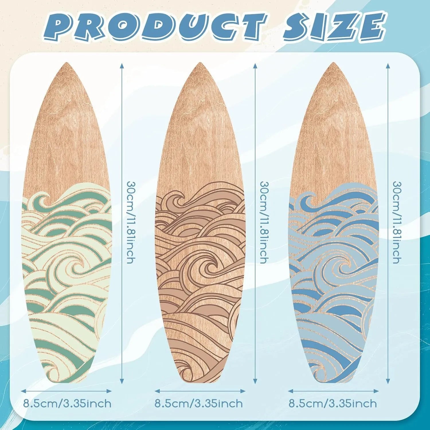 Three wooden surfboard wall decorations in European style design made from boxwood