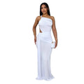 Women's solid colour one-shoulder pleated dress in milk silk polyester fabric