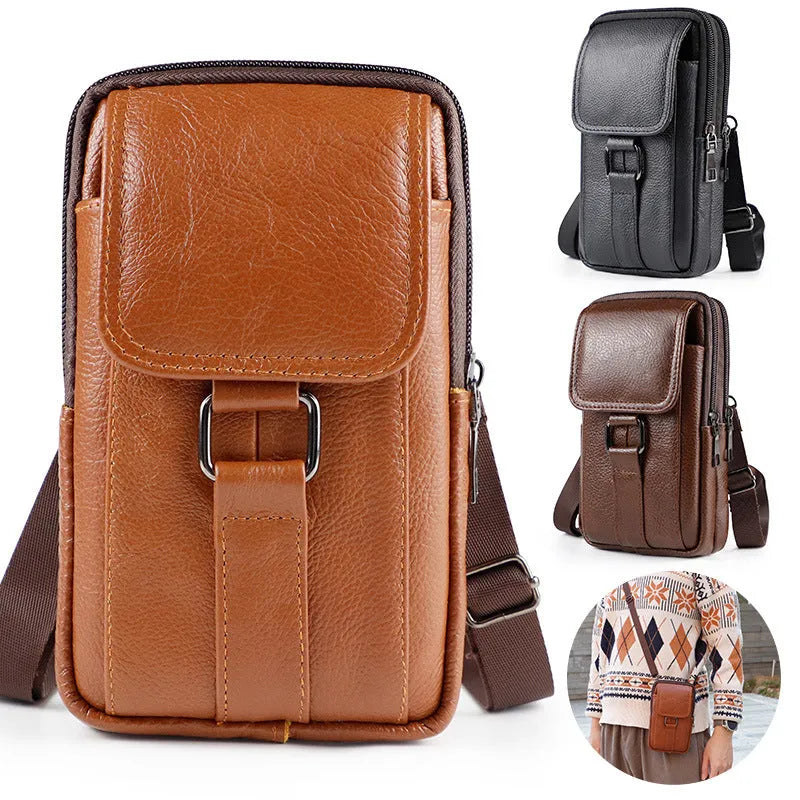 Men's black genuine leather waist bag with lock closure and vertical square design