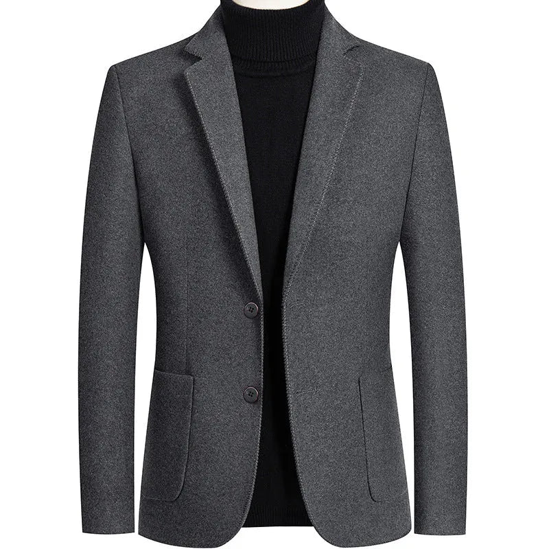 Men's solid colour slim fit wool suit jacket on a hanger in grey, black, or camel.