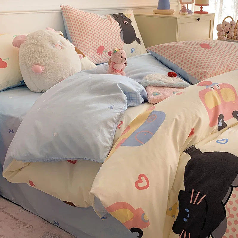 Cartoon dog pattern cotton bedding set with fitted sheet, flat sheet, duvet cover and pillowcases