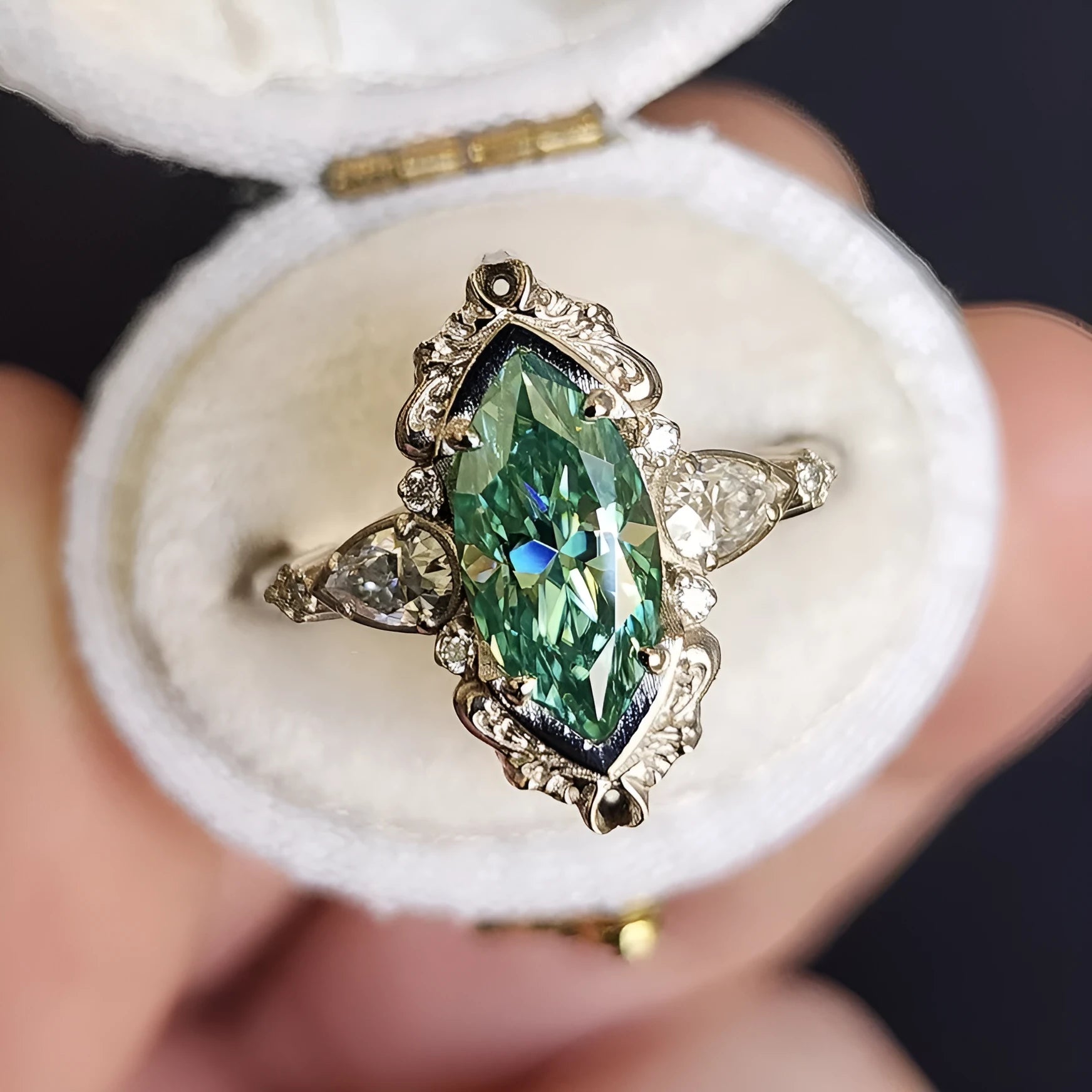 Alloy flower ring with green horse eye zircon centre electroplated silver finish available sizes No 6 to No 10