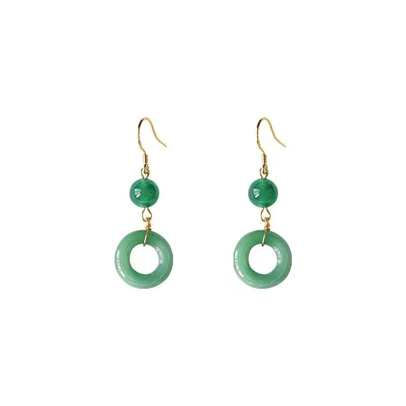 Green jade design peace buckle earrings with 14K gold plated zinc alloy finish