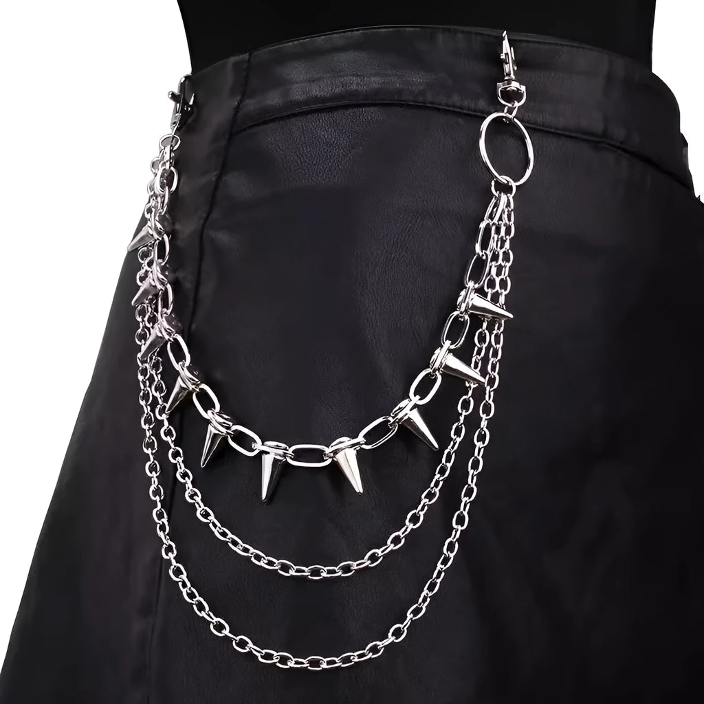 Silver metal pants chain with dark punk rivets measuring 115cm length