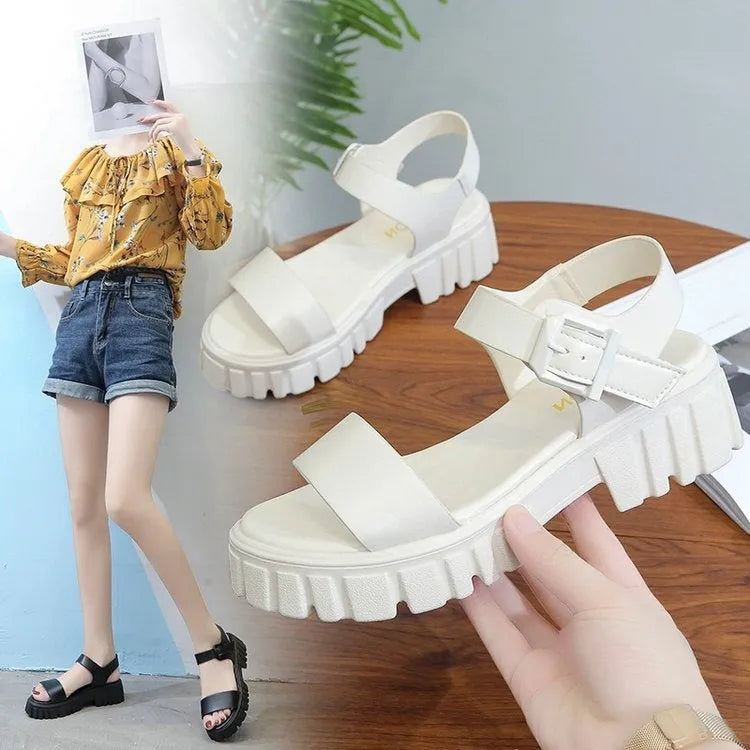 Women's beige peep toe ankle-strap buckle platform sandals with fish mouth toe design