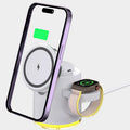 C16 foldable three-in-one magnetic wireless charger in black and ivory white, showing phone, watch, and earbuds charging simultaneously.