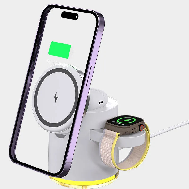 C16 foldable three-in-one magnetic wireless charger in black and ivory white, showing phone, watch, and earbuds charging simultaneously.