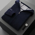 Man wearing a dark blue cashmere half-high collar zipper cardigan sweater
