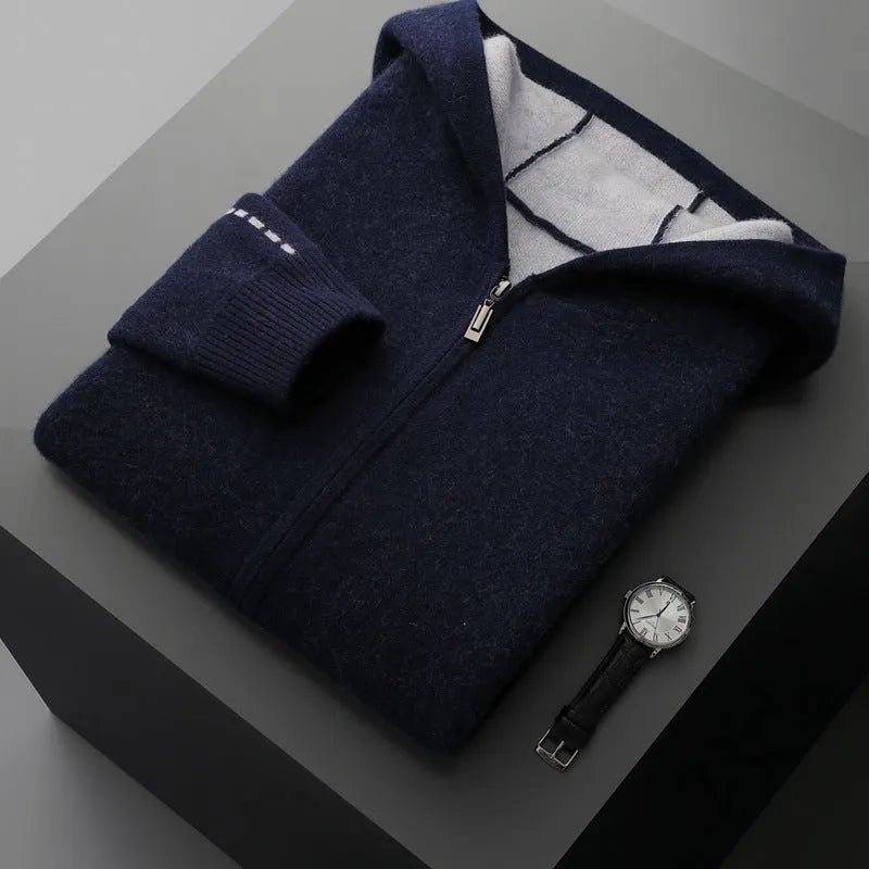 Man wearing a dark blue cashmere half-high collar zipper cardigan sweater