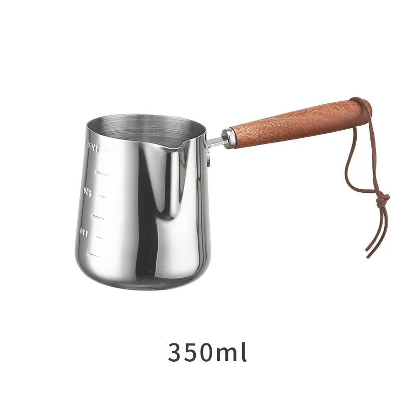 Stainless steel garland coffee cup with wooden handle and measurement scale