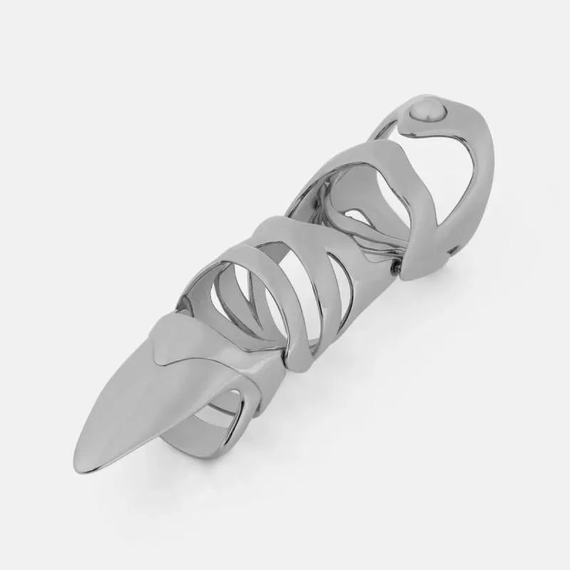 Silver alloy finger stall armour ring with punk styling and full finger coverage