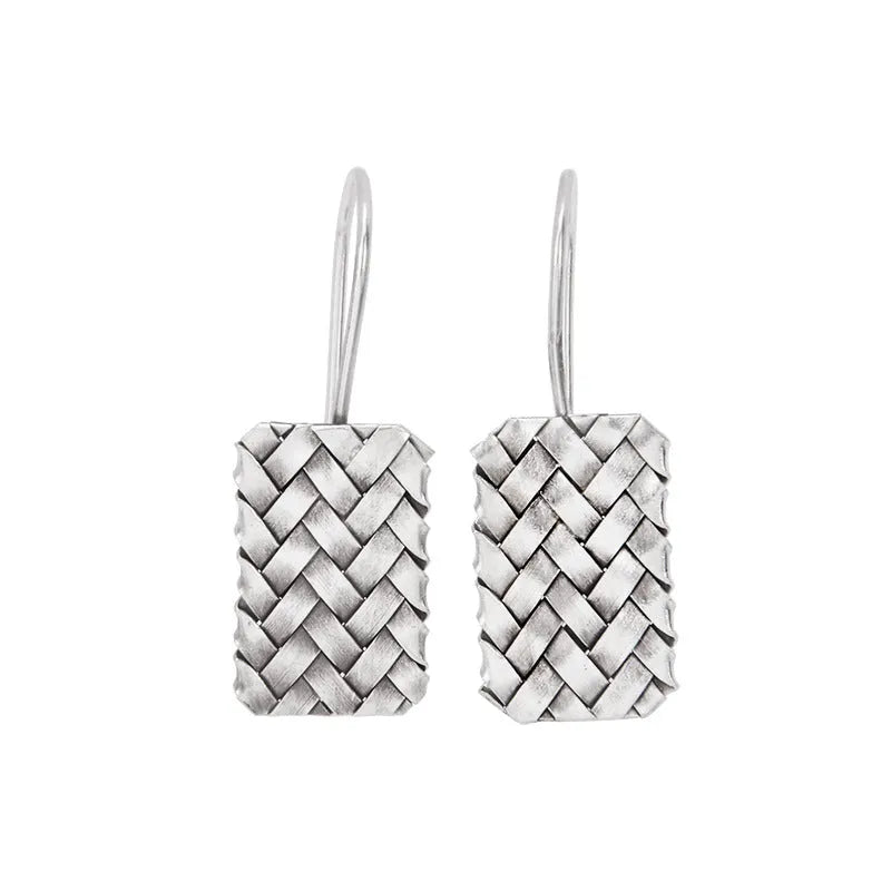 Silver geometric earrings with diamond plaid woven pattern, 17.5mm length
